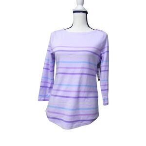 Charter Club Striped Knit 3/4-Sleeve Boat-Neck Top, Freesia Dusk Combo, S